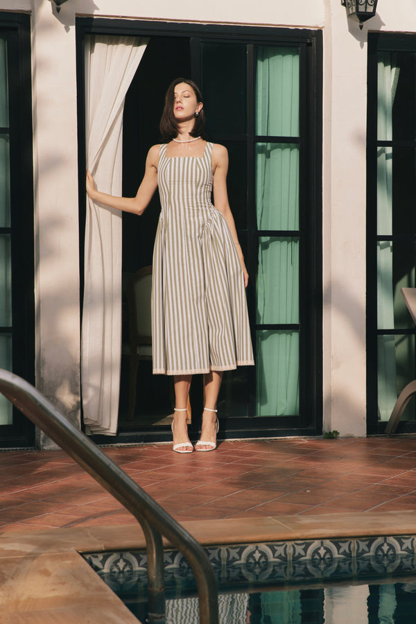 The Olivia Midi Dress in Green-White Stripe