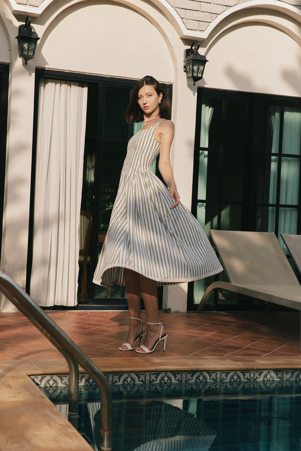 The Olivia Midi Dress in Green-White Stripe