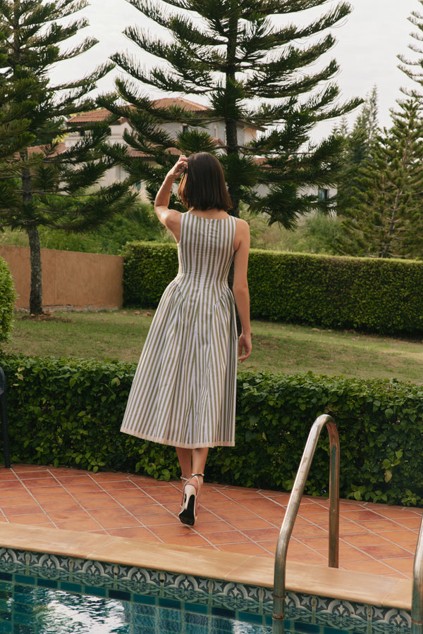 The Olivia Midi Dress in Green-White Stripe