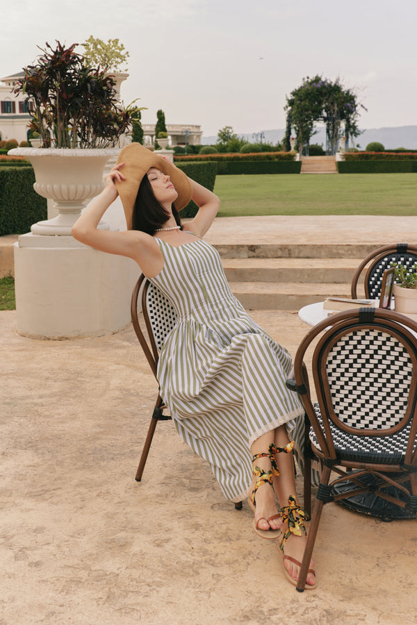 The Olivia Midi Dress in Green-White Stripe