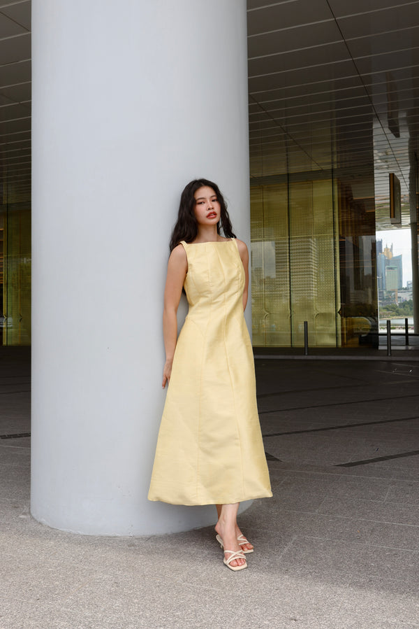 The Amilie Midi Dress in Mulberry Silk - Yellow