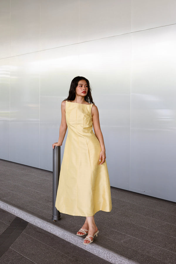 The Amilie Midi Dress in Mulberry Silk - Yellow