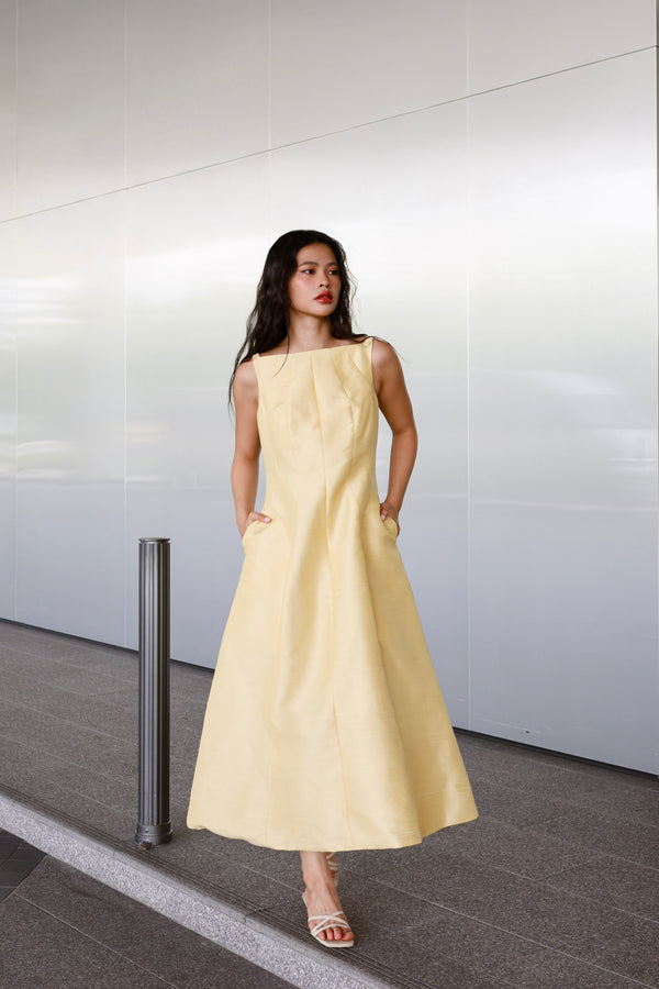 The Amilie Midi Dress in Mulberry Silk - Yellow